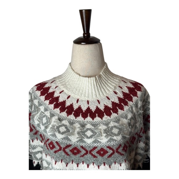 J Jill Sweater Women Medium Petite Black‎ Ivory Fair Isle Nordic Knit Mock Neck - Picture 4 of 12
